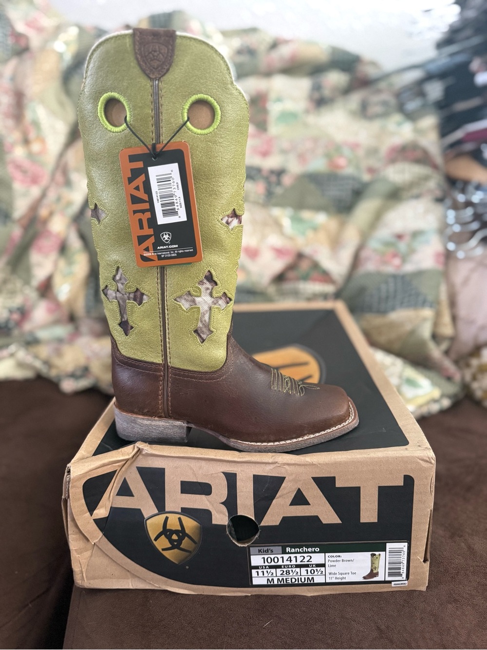 Ariat Brown Foot with Olive Green Shaft Kids' Ranchero Western Boot